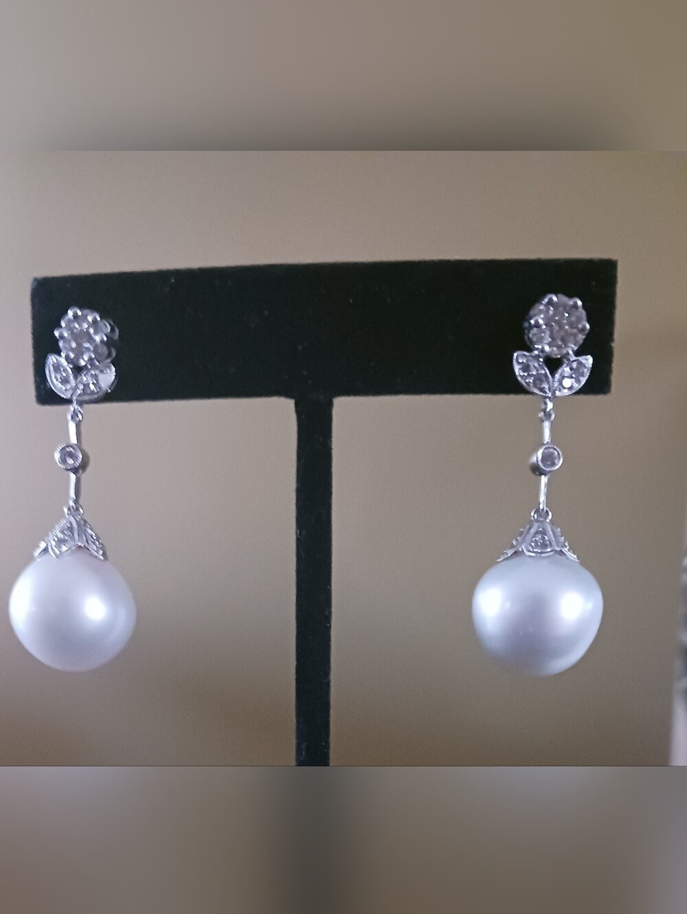 14mm White Tahitian  Pearl Drop Earrings  14k - White Gold Earring .50 White Dia